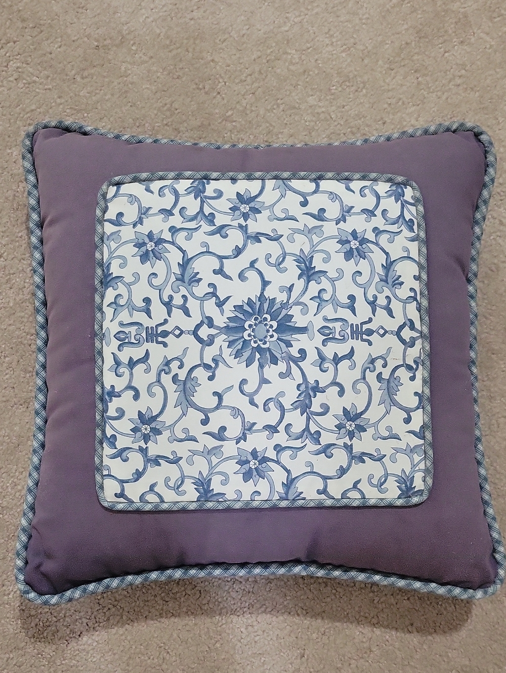 Decorative Purple Throw Pillow with Blue Floral Panel. ***faiding From Sun.